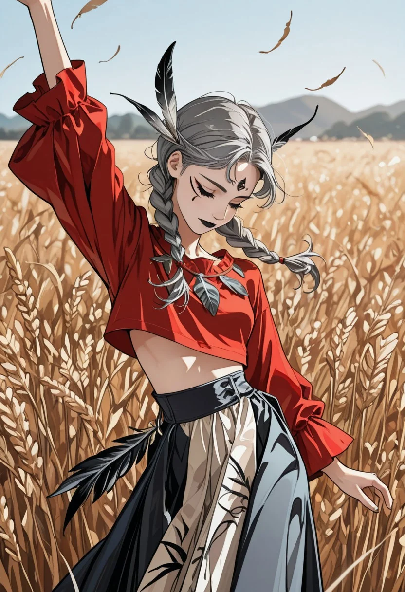 (high_quality, newest, incredibly_absurdres, very aesthetic, zbrush_\(artwork\), digital_painting_\(artwork\), flat_colors, anime_coloring)
(HVC-Illu, 1girl, solo, side_braids, makeup, black_lips, red_shirt, wheat_field, crop_top, wide_sleeves, high_waisted_bottomwear, jewelry, feathers, skirt, closed eyes, jewelry, grey hair, twin braids, tattoos, outdoors, long sleeves, facial mark, facial tattoo), m1k4