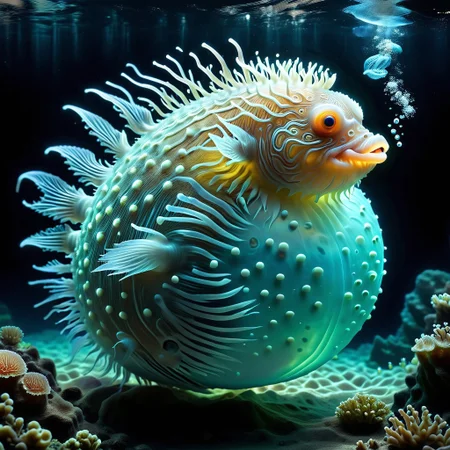 pufferfish, mysterious, dark waters, pufferfish is inflated slightly, spiny texture, glowing faintly, dim light, filtering from above, underwater cliffs, swirling currents, tranquil atmosphere
