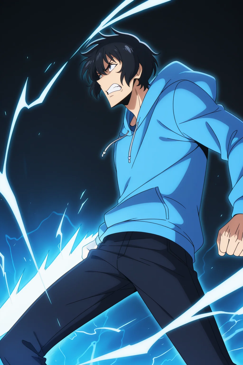 <lora:SoloLeveling:1>, SoloLeveling, 1boy, male focus, hood, hoodie, black hair, solo, teeth, clenched teeth, electricity, pants, short hair, long sleeves, blue hoodie, hood down, weapon, glowing