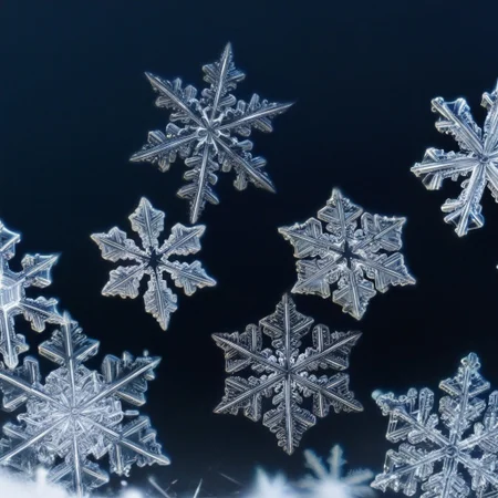Closeup of multiple falling snowflakes, each a different shape
