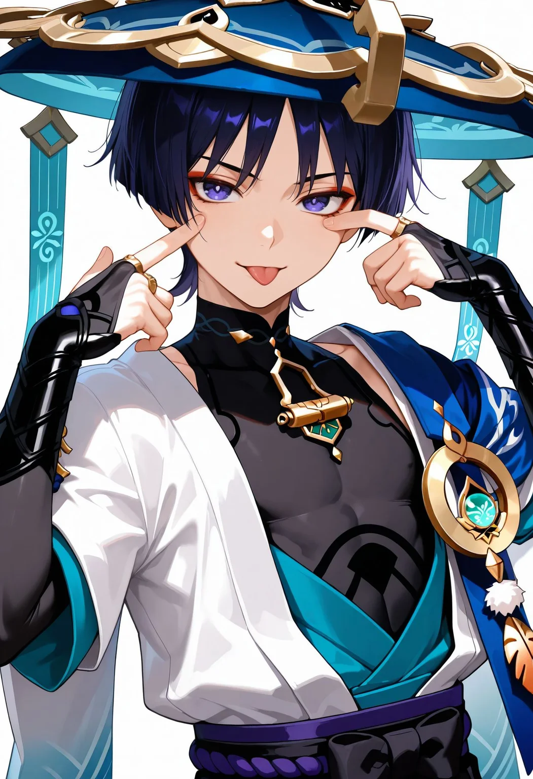 masterpiece,best quality,amazing quality,absurdres, BREAK
uscaramouche \(genshin impact\), wanderer \(genshin impact\), 1boy, :p, akanbe, armor, black bodysuit, black bridal gauntlets, blue cape, blue hat, blunt ends, bodysuit, bridal gauntlets, cape, clenched hand, eyelashes, eyelid pull, eyeliner, eyeshadow, finger to eye, gold, gold ring, hands up, hat, japanese armor, japanese clothes, jingasa, kimono, kote, kurokote, looking at viewer, makeup, male focus, mandarin collar, middle ring, open clothes, open kimono, purple eyes, purple hair, red eyeliner, red eyeshadow, shoulder peek, solo, tongue, tongue out, upper body, white background, white kimono, white sleeves