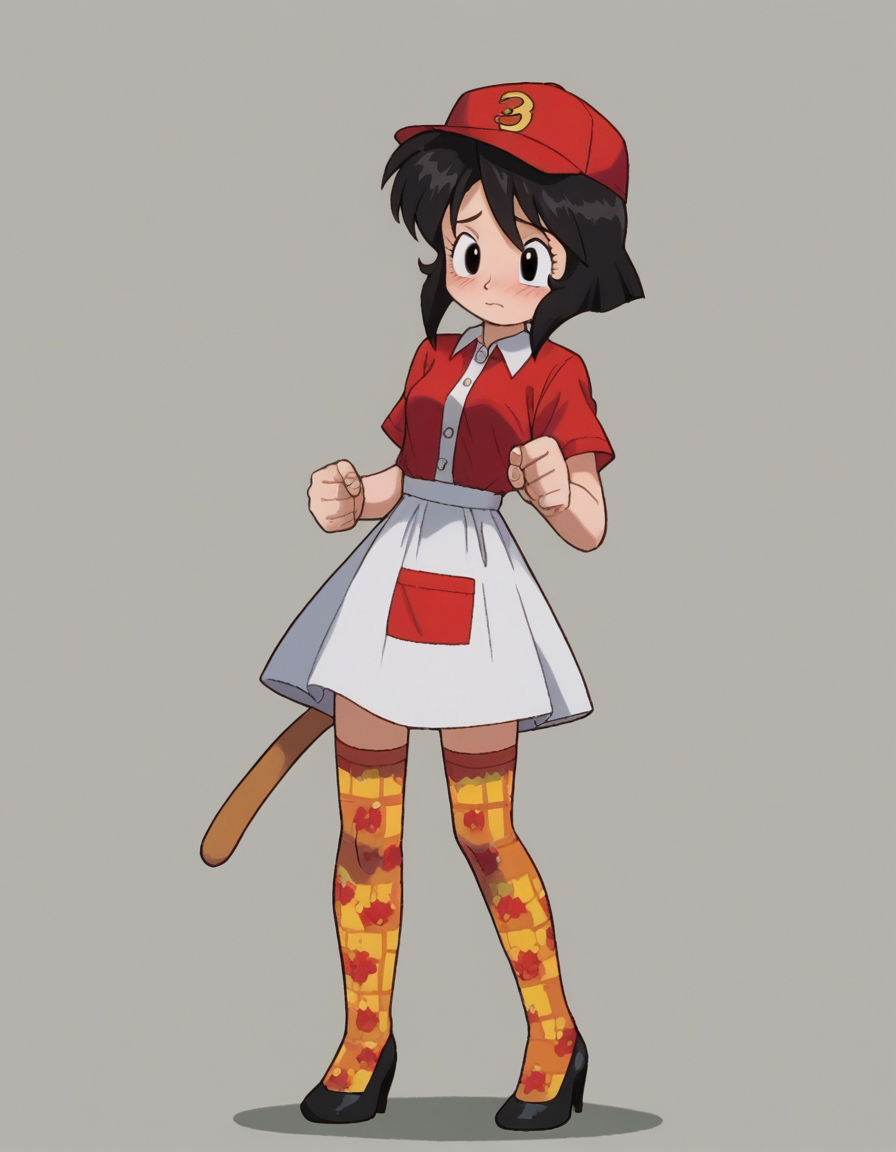 zPDXL, score_9, score_8_up, score_7_up, source_anime, 1girl, solo,
<lora:Gunsmith_ver3:0.8> gnsmth, <lora:Parsleah_v1:0.8>  parsleahbase, black hair, short hair, black eyes, (monkey tail), small breasts, brown tail,, shy, blush, zombie_pose, waitress wearing Elegant burgundy dress with a draped neckline, patterned stockings, black heels, casual baseball cap, carrying a bottle opener,