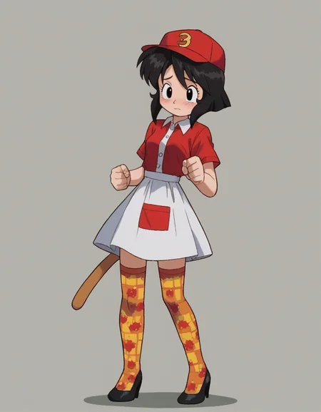 zPDXL, score_9, score_8_up, score_7_up, source_anime, 1girl, solo,
<lora:Gunsmith_ver3:0.8> gnsmth, <lora:Parsleah_v1:0.8>  parsleahbase, black hair, short hair, black eyes, (monkey tail), small breasts, brown tail,, shy, blush, zombie_pose, waitress wearing Elegant burgundy dress with a draped neckline, patterned stockings, black heels, casual baseball cap, carrying a bottle opener,