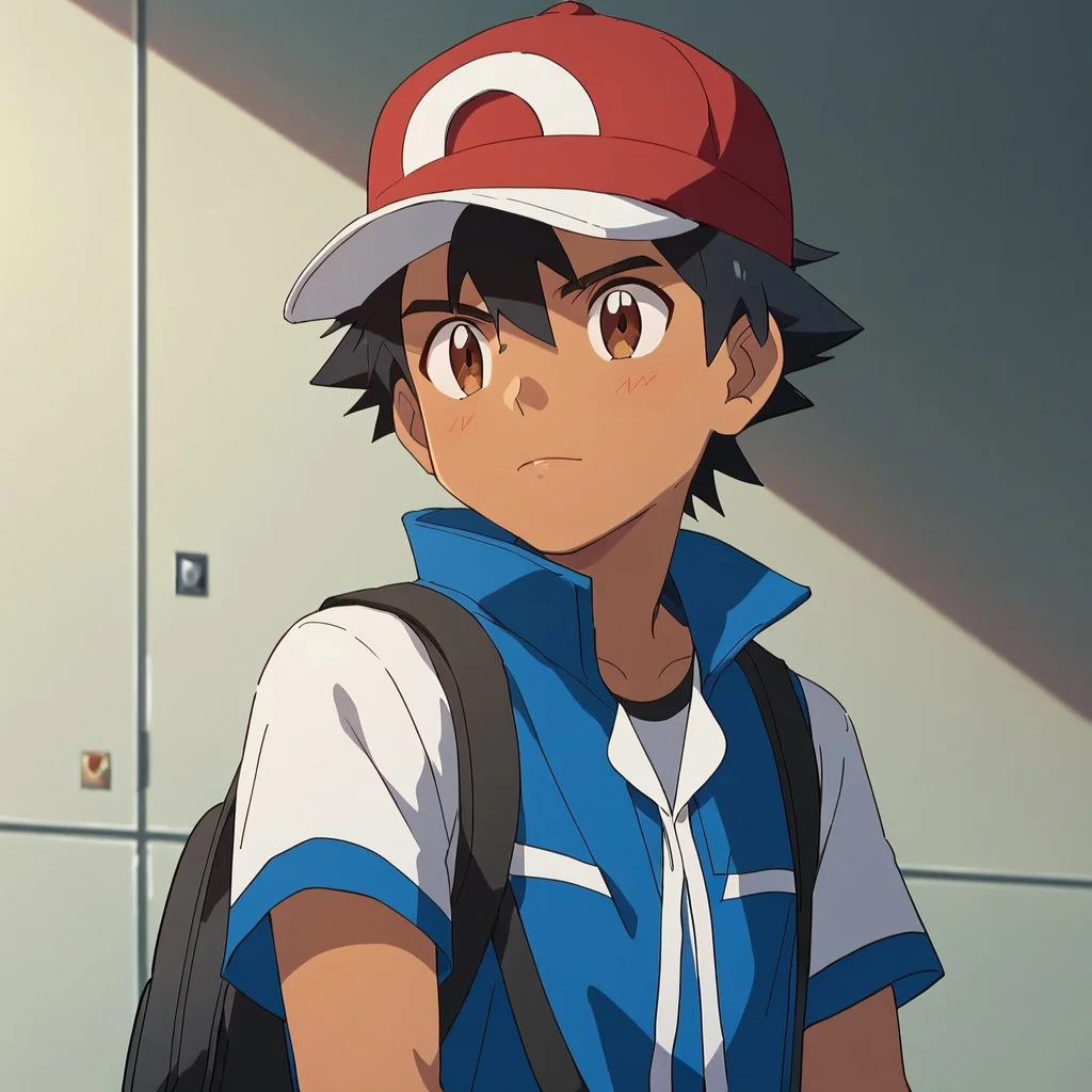 highest quality, masterpiece, core_9, score_8_up, score_7_up Ash Ketcum, black pants, blue and white jacket, spikey hair, brown eyes, baseball cap, black hair, brown skin