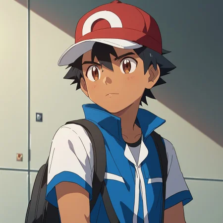 highest quality, masterpiece, core_9, score_8_up, score_7_up Ash Ketcum, black pants, blue and white jacket, spikey hair, brown eyes, baseball cap, black hair, brown skin