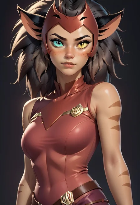 score_9, score_8_up, score_7_up, score_6_up, score_5_up, score_4_up score_9,score_8_up, digital art, realistic 3D illustration,
BREAK,
Catra_Shera, solo, 1girl, catra, heterochromia, colored sclera, sleeveless, bare shoulders,
BREAK,
upper body,
(head tilt, portrait:1.2),
subsurface scattering, soft lighting, contemplative expression, dark background, subtle makeup, high-resolution, detailed texture, emotional depth, dramatic mood, serene atmosphere, cinematic lighting. perfectly round breasts, big breasts, firm breasts, SkinHairDetail, eye contact, looking at viewer, cowboy shot,