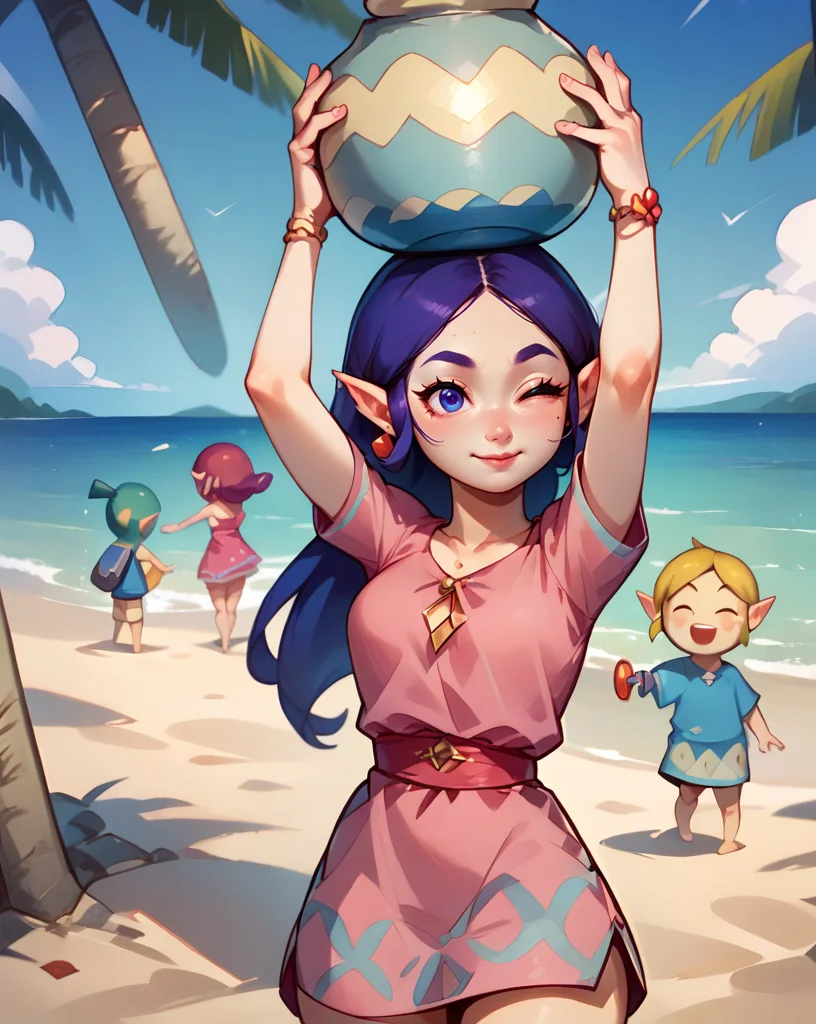 score_9, score_8_up, score_7_up, 2d, Sue Belle, woman , pink dress, arm up , holding jar, beach, ocean, palm tree <lora:Sue Belle Pony-000045:1> Cell-Shaded Graphics - "The Legend of Zelda: The Wind Waker"