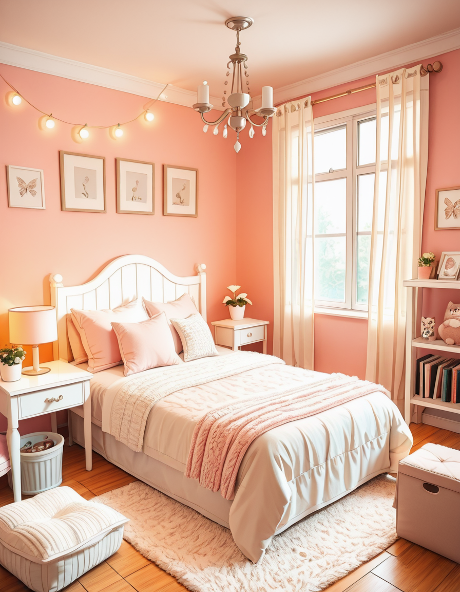 A beautifully designed modern bedroom with a warm and inviting atmosphere. The room features a large bed with soft, neatly arranged pillows and a cozy knitted blanket draped over the edge. Warm fairy lights are strung along the headboard, casting a soft golden glow. A large window with sheer curtains allows natural sunlight to filter in, illuminating the room with a gentle ambiance. The walls are painted in soft pastel tones, complementing the wooden furniture and minimalist decor. A small wooden nightstand holds a cup of coffee, an open book, and a small potted plant. A fluffy cat is curled up on the bed, adding a sense of warmth and tranquility. The background features elegant framed artwork and a tall bookshelf filled with neatly arranged books and decorative items. The atmosphere is serene and cozy, with a photorealistic style capturing the intricate details of textures, fabrics, and lighting.
<lora:SDXLFaeTastic2400:0.4> <lora:extremely_detailed:0.4> extremely detailed, 
<lora:Girl_b3dr00m-i:1>,Girl b3dr00m, Masterpiece,best quality,hi res,8k,hi res,8k,award winning,(sharp focus, intricate, highly detailed),