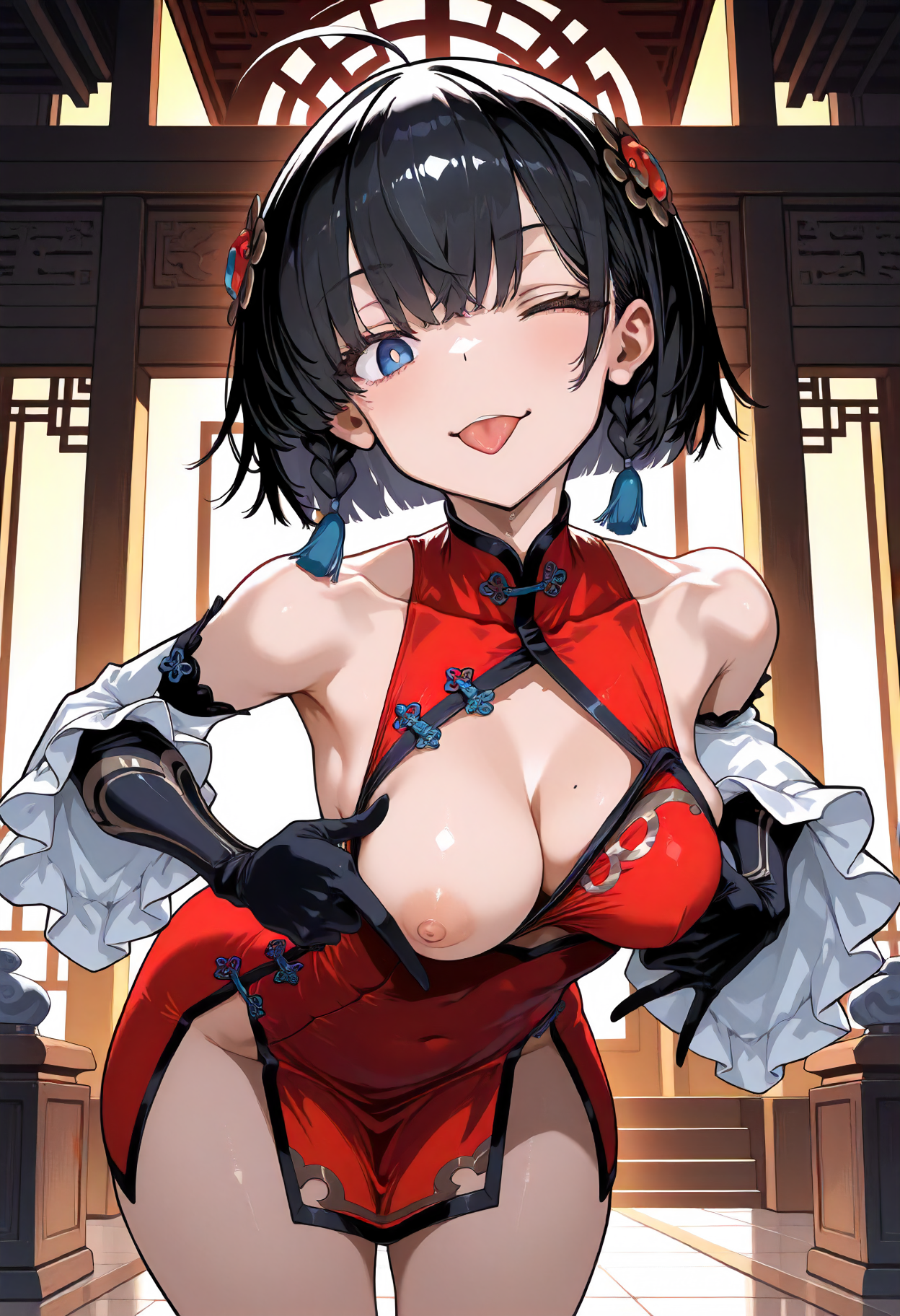 masterpiece, best quality, amazing quality, very aesthetic, absurdres, newest, scenery, volumetric lighting, perfect eyes, ultra detailed,
1girl, short hair, bangs, ahoge, black hair, blue eyes, round pupils, black pupils, chinese hair ornaments, two small braids, straight hair, medium breasts, saggings breasts,
micro chinese dress, red dress, tight dress, loincloth finish, cleavage, shoulder cut, detached sleeves, frilled sleeves, one finger gloves, metallic wristbands,
bent over, one breast challenge, showing one breast, wink, tongue out, mocking face,
indoors, temple, sanctuary,
<lora:Zutta_Style__Illustrious:1.2>
masterpiece, best quality, amazing quality, very aesthetic, absurdres, newest, scenery, volumetric lighting, perfect eyes, ultra detailed,