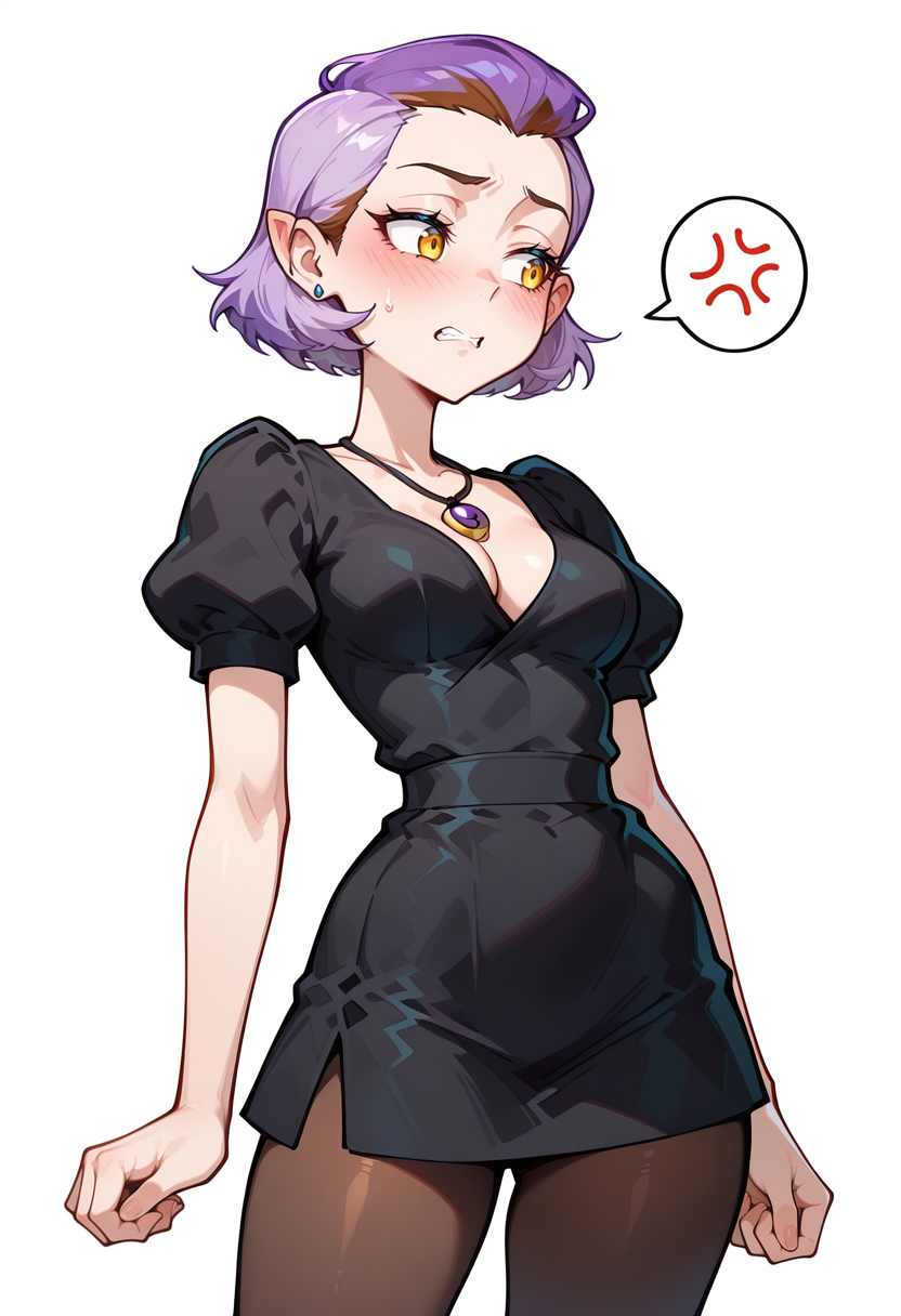 masterpiece, best quality, very aesthetic, absurdres, simple background, 
BREAK 1 girl, solo, adult,  AmityOH, short hair,  purple hair,  yellow eyes, pointy ears, earrings, black dress, necklace,  brown pantyhose, blushed, frustrated,
BREAK good hand,  <lora:Amity_Blight__Illustrioous:1> ,   <lora:AKinuNishimura_Style:1>