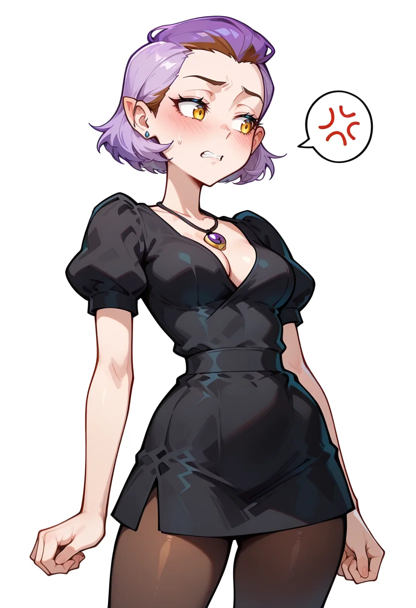 masterpiece, best quality, very aesthetic, absurdres, simple background,
BREAK 1 girl, solo, adult, AmityOH, short hair, purple hair, yellow eyes, pointy ears, earrings, black dress, necklace, brown pantyhose, blushed, frustrated,
BREAK good hand, <lora:Amity_Blight__Illustrioous:1> , <lora:AKinuNishimura_Style:1>