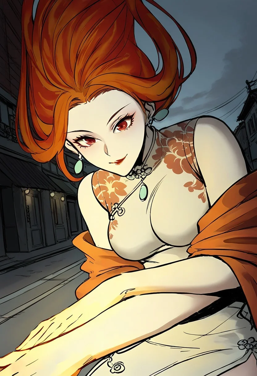 score_9, score_8_up, score_7_up,(very aesthetic:1.2),masterpiece ,high quality,detialed,best quality,perfect anatomy,beautiful detailed eyes
BREAK
looking down,upper body,from below,pov
BREAK
b1f4ngl0ng,red eyes,orange hair,floating hair,seductive smile
BREAK
leaning back,on the wall,crossed arms,fire,yellow hand,fire in hand
BREAK
outdoors,chinatown,road