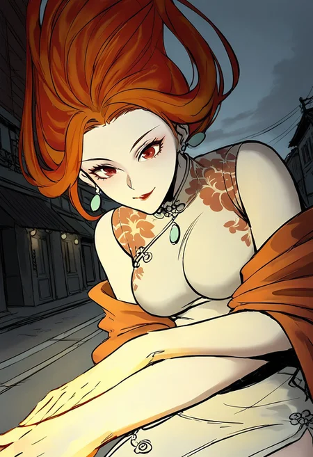 score_9, score_8_up, score_7_up,(very aesthetic:1.2),masterpiece ,high quality,detialed,best quality,perfect anatomy,beautiful detailed eyes
BREAK
looking down,upper body,from below,pov
BREAK
b1f4ngl0ng,red eyes,orange hair,floating hair,seductive smile
BREAK
leaning back,on the wall,crossed arms,fire,yellow hand,fire in hand
BREAK
outdoors,chinatown,road