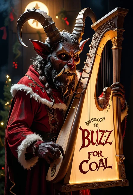 Photo of an Krampus playing a harp, wearing a santa outfit, playing a harp shaped like a cartoon lightning bolt, with a cardboard sign in front of him that reads "BUZZ FOR COAL?", atmospheric, dark, alcohol inks, night, rich colours, subtle colours, reflections, glistening, moonlight, backlit, rim lighting, MOODY STAGE lighting,