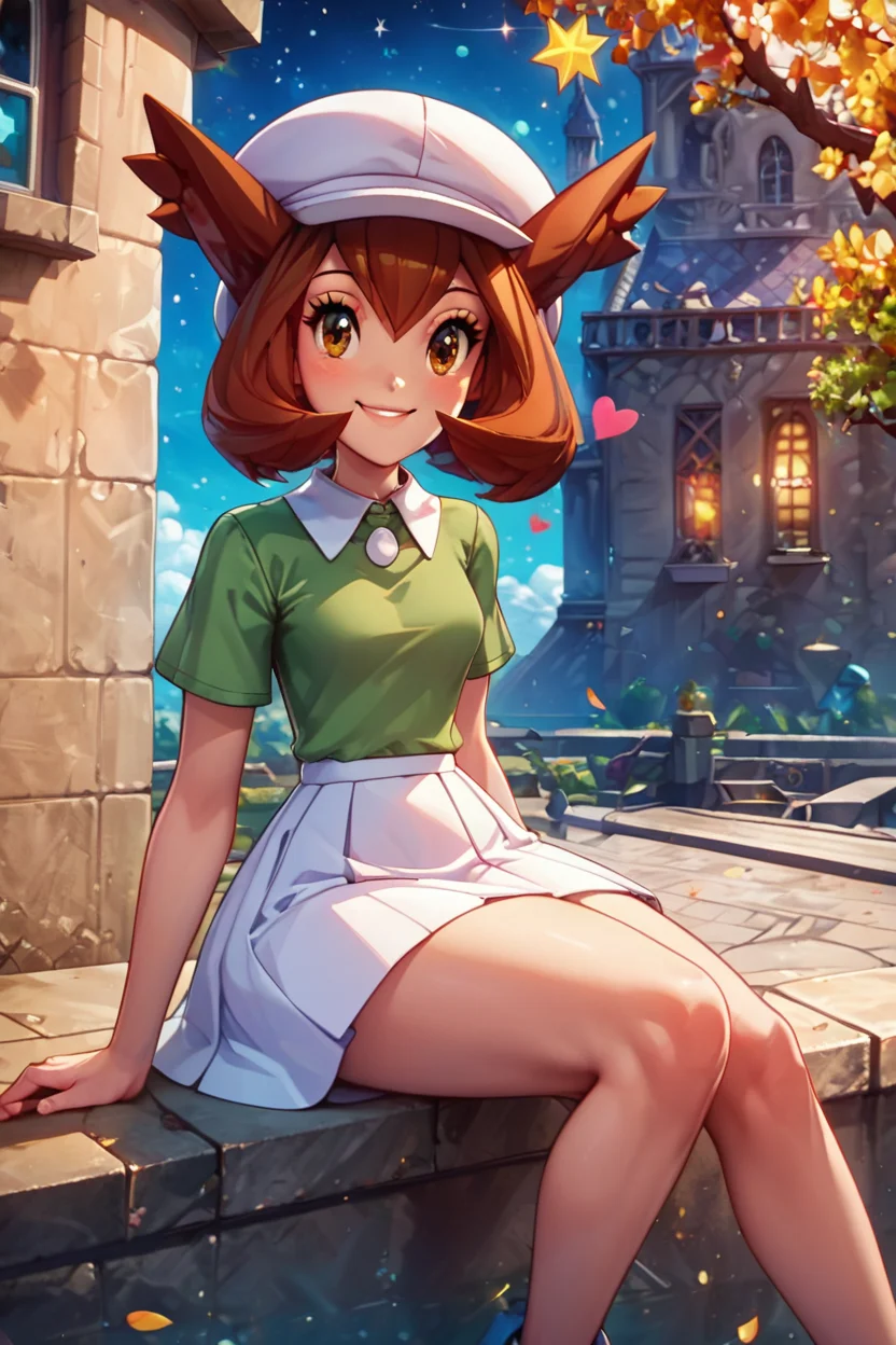 score_9, score_8_up, score_8, medium breasts, (curvy), cute, eyelashes,       BREAK, , zzBianca, brown hair, brown eyes, medium hair, hair between eyes, short sleeves, green shirt, collared shirt, white hat, skirt, white skirt, <lora:Bianca_PokemonHeroes_PDXL_v2:0.7>,, BREAK,  zzEiffelTower in background, sitting, watercraft, boat, sitting on wall, side view, looking at viewer, smile,  BREAK, blooming stars, luminescent petals, otherworldly fragrance blurry background, embedding:zPDXL, Expressiveh, <lora:EiffelTowerPDXL:1.0>,  <lora:CatalystStylePDXL:0.6>,  <lora:SDXLFaeTastic2400:0.5>,  <lora:Expressive_H-000001:0.4>,