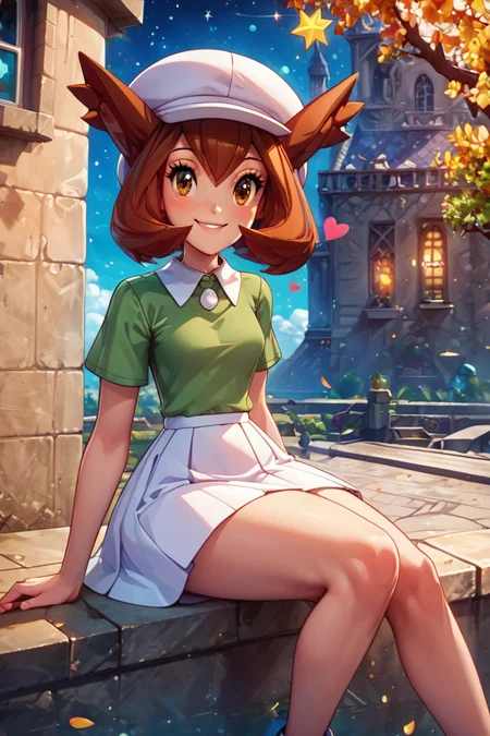 score_9, score_8_up, score_8, medium breasts, (curvy), cute, eyelashes, BREAK, , zzBianca, brown hair, brown eyes, medium hair, hair between eyes, short sleeves, green shirt, collared shirt, white hat, skirt, white skirt, <lora:Bianca_PokemonHeroes_PDXL_v2:0.7>,, BREAK, zzEiffelTower in background, sitting, watercraft, boat, sitting on wall, side view, looking at viewer, smile, BREAK, blooming stars, luminescent petals, otherworldly fragrance blurry background, embedding:zPDXL, Expressiveh, <lora:EiffelTowerPDXL:1.0>, <lora:CatalystStylePDXL:0.6>, <lora:SDXLFaeTastic2400:0.5>, <lora:Expressive_H-000001:0.4>,