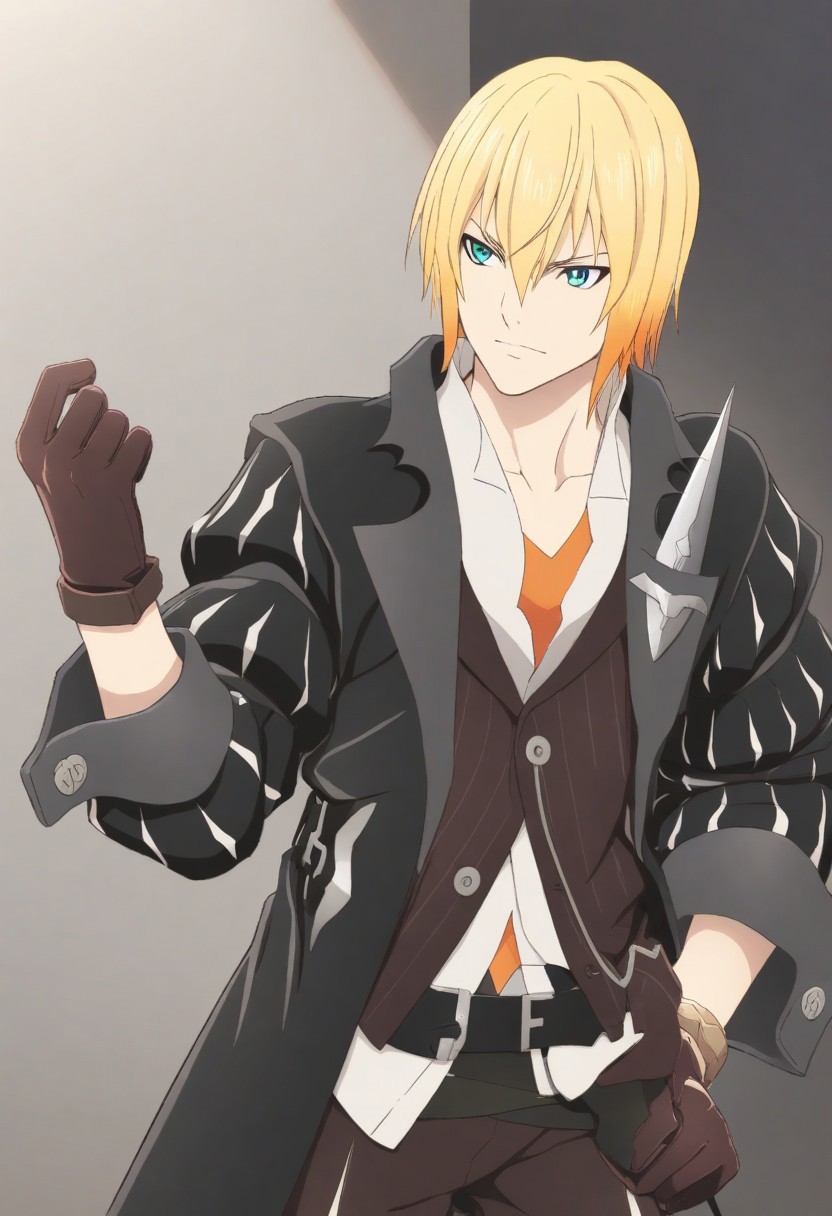 eizen (tales), blond hair, gradient hair, blue eyes, black coat, brown vest, white shirt, brown pants, shirt untucked, 1boy, standing, upper body,