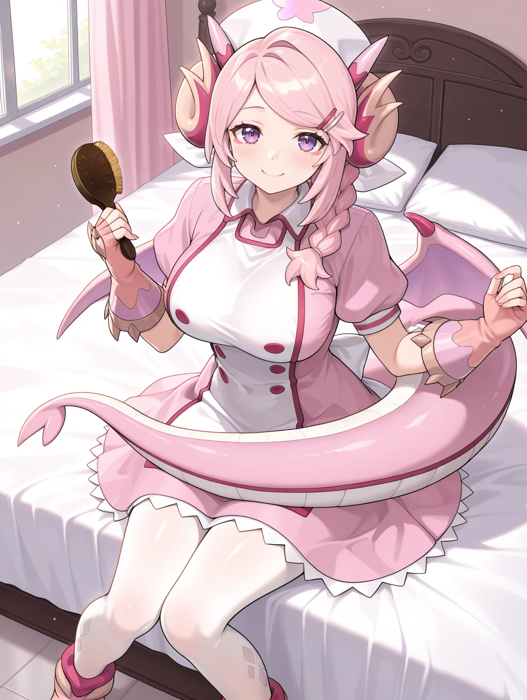 white nurse cap, nurse dragonmaid, pink wings, pink nurse dress, pink fingerless gloves, pink claws boots, 1girl, solo, on bed, smile, sitting, white pantyhose, large breasts, looking at viewer, holding brush, brush, brushing tail, hairclip, red eye tattoo,
masterpiece,best quality,amazing quality,very aesthetic,absurdres,newest,<lora:Nurse dragonmaid illuXL v1.1:0.74>,