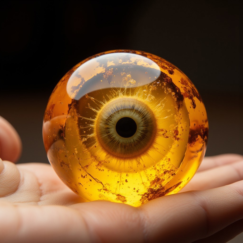 improved cinematic photo, 35mm photograph, film, professional, 4k, highly detailed, aidmaMJ6.1,
An amber fragment enclosing a reptilian eyeball,
The amber fragment is a smooth, slightly irregular sphere, roughly the size of a marble, with a warm golden-brown hue. Its surface is polished, gleaming softly under light, revealing a mesmerizing play of golden, honey, and orange tones. Tiny air bubbles and organic inclusions are scattered throughout, lending it a sense of antiquity and natural complexity.
Inside, a perfectly preserved eyeball is suspended in the middle of the gem, its delicate body encased in the translucent amber.
The gem is held atop an open hand.