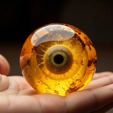 improved cinematic photo, 35mm photograph, film, professional, 4k, highly detailed, aidmaMJ6.1,
An amber fragment enclosing a reptilian eyeball,
The amber fragment is a smooth, slightly irregular sphere, roughly the size of a marble, with a warm golden-brown hue. Its surface is polished, gleaming softly under light, revealing a mesmerizing play of golden, honey, and orange tones. Tiny air bubbles and organic inclusions are scattered throughout, lending it a sense of antiquity and natural complexity.
Inside, a perfectly preserved eyeball is suspended in the middle of the gem, its delicate body encased in the translucent amber.
The gem is held atop an open hand.