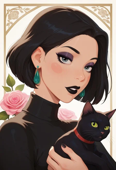 masterpiece, best quality, amazing quality, BSSPYCB, 1girl, solo, looking at viewer, short hair, black hair, holding, jewelry, flower, earrings, parted lips, nail polish, fingernails, makeup, turtleneck, rose, animal, leaf, cat, portrait, black nails, lipstick, pink flower, eyeshadow, floral background, holding animal, black cat, pink rose, black lips, holding cat,