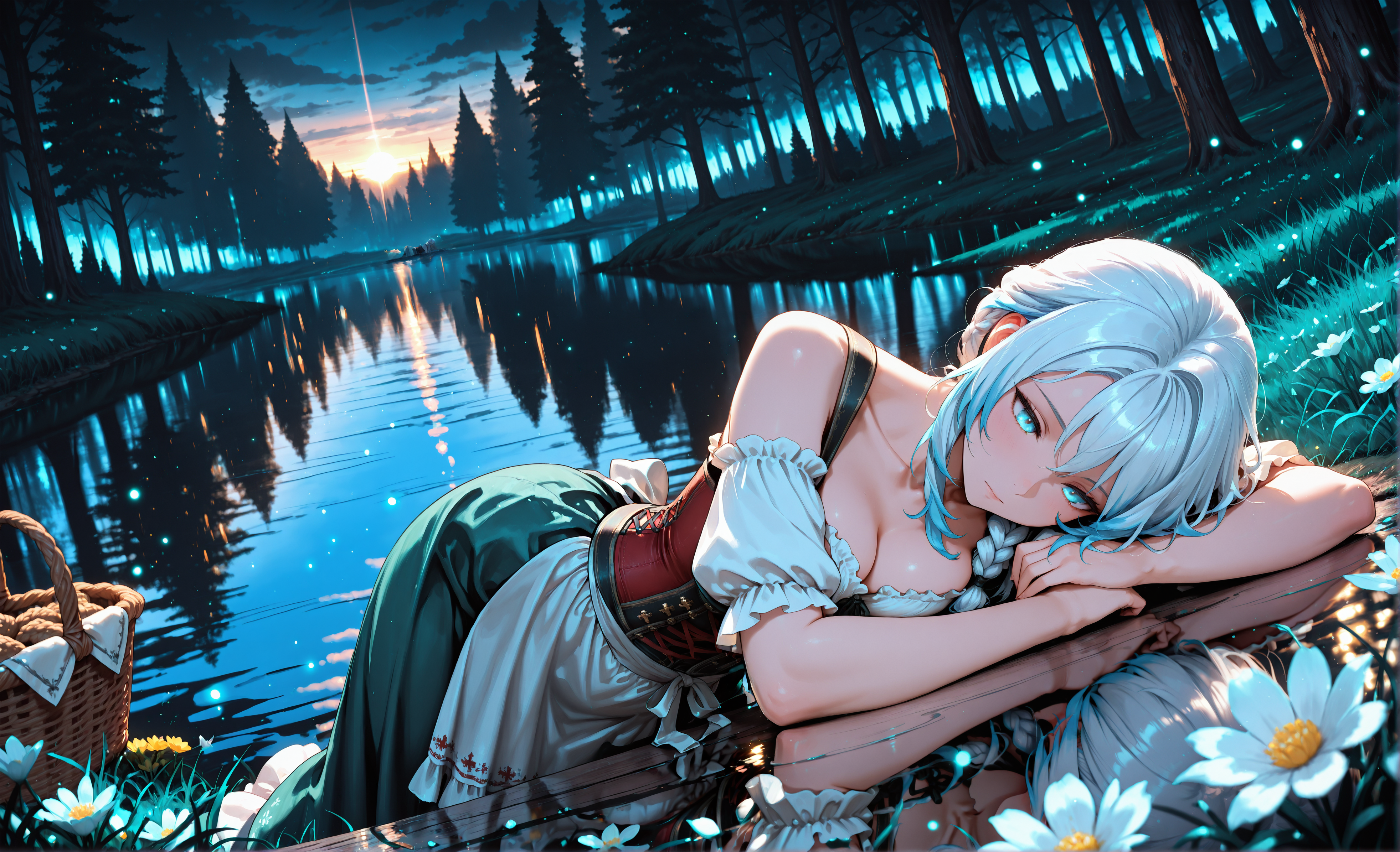 masterpiece, sharp detail, intricate detail, hair shader, 1girl, <lora:Lyarah:0.5> white hair, blue eyes, lyarah, blue hair tips, medium breasts, detailed eyes, ribbon, bare shoulders, standing, collarbone, long braid, flower, short sleeves, outdoors, frills, detached sleeves, hair over shoulder, corset, white sleeves, basket, cross-laced clothes, german clothes, bodice, dirndl, from above, far shot, lake, reflective water, blurry reflection, high contrast, cinematic lighting, dark forest, trees, deep night, lying on green grass, lying on side, head on own arms,  sunrise, lens flare, <lora:illustriousXL_stabilizer_v1.72:0.3> <lora:V2_yakumo_alchemy:0.4>  glowing particles, glowing light particles, light particles,