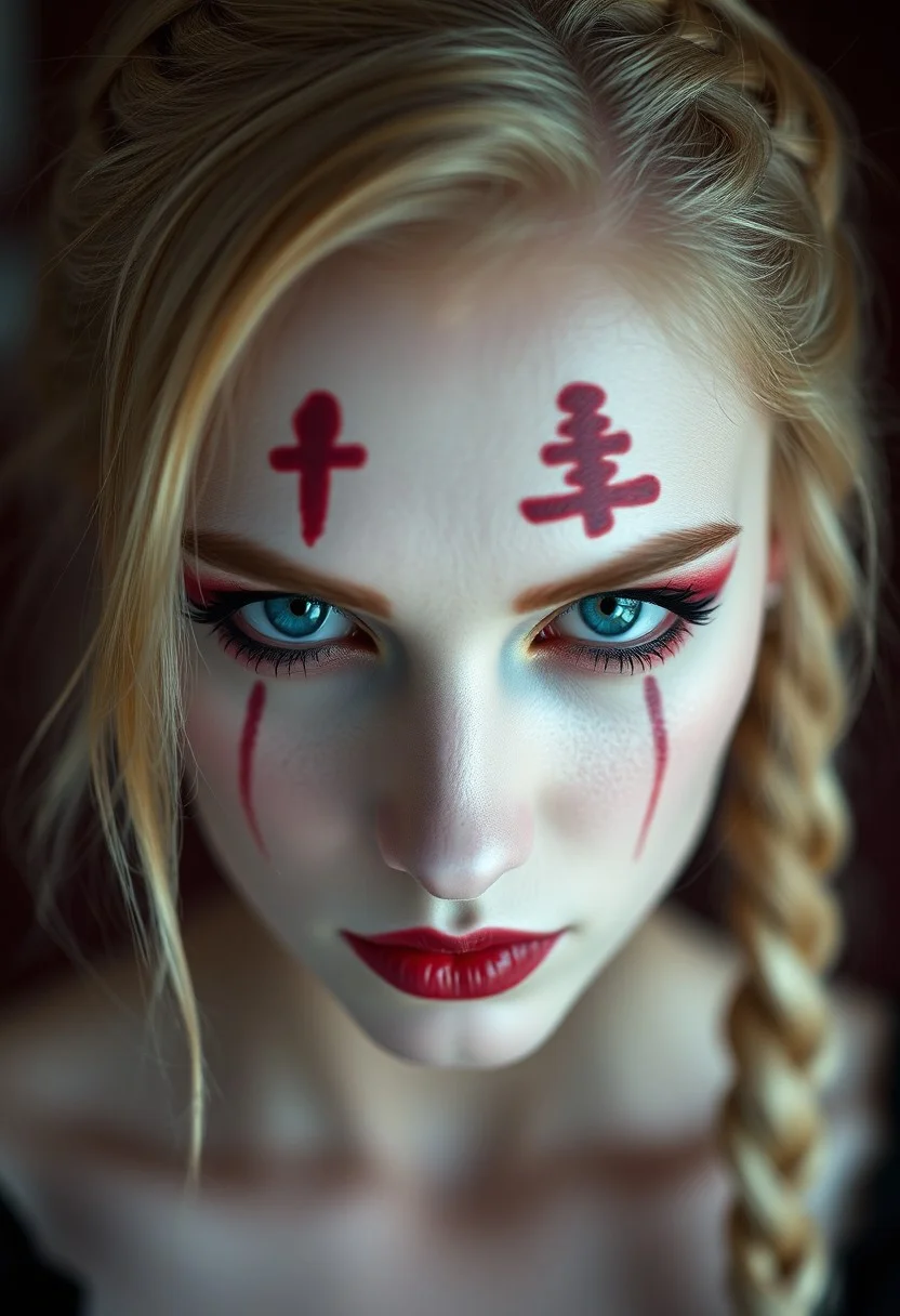 masterpieces, close-portrait, female, makeup, pale skin, blonde hair, braided hairstyle, mysterious, red black symbols face, glossy blue eyes,best quality,masterpiece