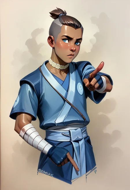 ((score_9)), Sokka, Sokhair, Blue Vest, SokWhiteChoker, Bandaged Arms, pointing, painterly, faux traditional media, realistic,