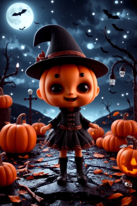 cute, halloween night, horror, (bats), moon in the sky, portrait, (standing:1.2), happy smiling, red eyes,(very detailed), best quality, sharp focus, Pumpkin Spice Orange pumpkin-themed costume, skulls and bones, medieval horror, light drizzle under moonlight, flickering torch, ethereal lights, backlight, shadows, high contrast, hdr, <lora:Anti-Blur:0.8> <lora:Hand v2:0.8> Detailed hand, Hand, Perfect hand <lora:aidmaImageUpgrader:0.8> aidmaimageupgrader <lora:PinkieChibiHalloweenFLUX:0.8> pinkchibihalloween