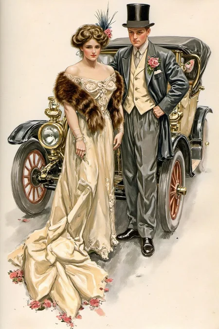 hafisher1 illustration.
A couple in formal attire standing in front of a classic car from the 1920s. The woman on the left is dressed in an elegant, floor-length gown with a light, airy texture. Her gown is a soft white color with intricate lace detailing and features a long train. She wears a luxurious fur stole draped over her shoulders, adorned with a delicate floral pattern. Her hair is styled in a sophisticated updo with feathers and flowers.
<lora:hafisher1_cap_d6a3e12:1.0><lora:829872580488923069:0>
