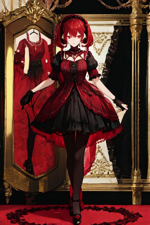 crimson_color dress, embroidery, jewelery, gown, frills, gloves/elbow gloves, high heels/shoes, pantyhose/thighhighs