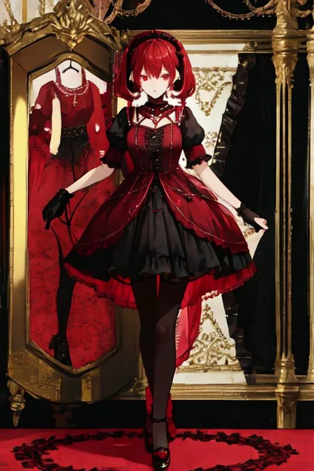 crimson_color dress, embroidery, jewelery, gown, frills, gloves/elbow gloves, high heels/shoes, pantyhose/thighhighs