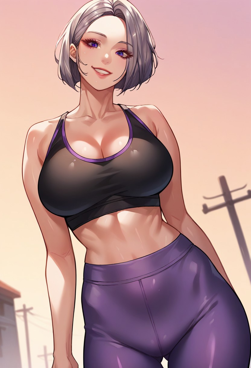 score_9, score_8_up, score_7_up, score_6__up, saeha,
outdoor,afternoon,
Front view,face focus,
1girl, solo, grey hair, short hair, large breasts,
gym outfit, black sports bra, purple yoga pants,
standing, smiling,