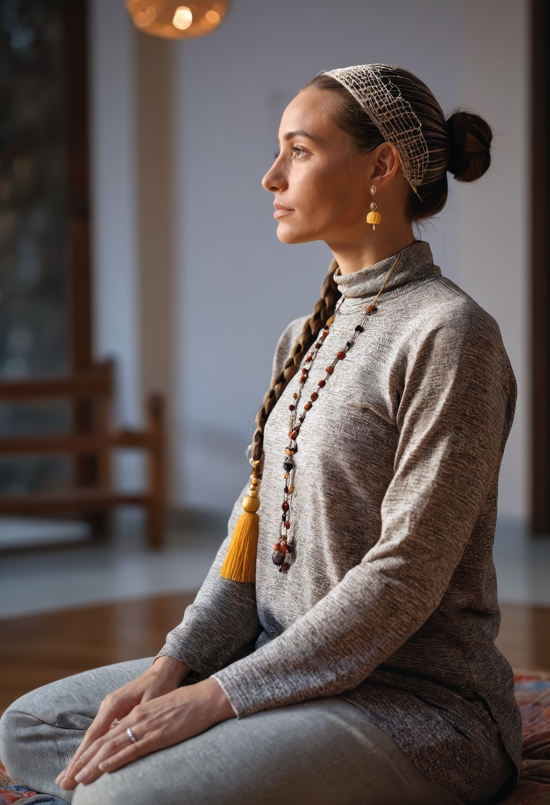 cinematic photo of a Castilian woman, retreat with meditation cushions, wearing high-neck long sleeve midi tunic with straight-leg pants, low braided bun with hairnet, prayer beads with tassel, calm demeanor with relaxed jaw, dynamic angle, 35mm photograph, film, bokeh, professional, 4k, highly detailed
