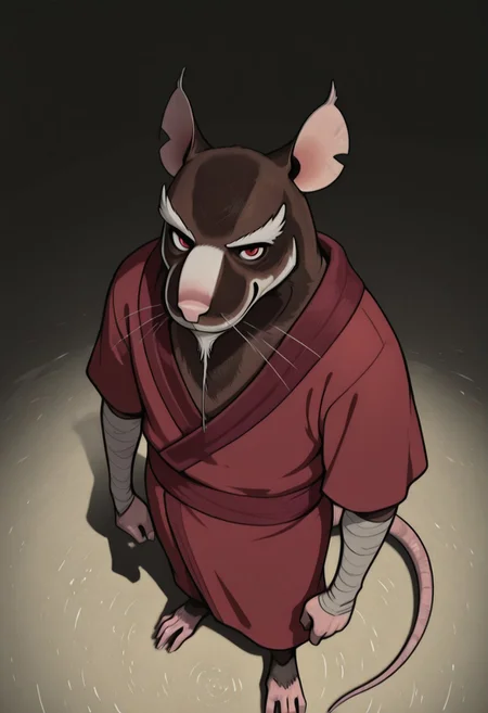 MasterSplinter2012, brown fur, rat, animal, 1boy, male focus, furry male, rat tail, red eyes, detailed eyes, seductive, sash, bandages on arms, score_9, score_8_up, score_7_up, score_6_up, score_5_up, score_4_up, (red robe:1) ,standing up, (white eyebrows:1.4), plantigrade, seen from above, nice angle, white nose, (fullbody:1), flat shadding, simple background, smiling at viewer, (white chin:1)