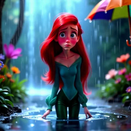 ariel the disney princess in human street clothes, long sleeves, pants, in an interesting scene with her signature long full red hair, cute nose, pale skin, slim build. In front of a puddle, water droplets, soft blue light, rain, colorful umbrella, flowers, beautiful face, sad eyes.