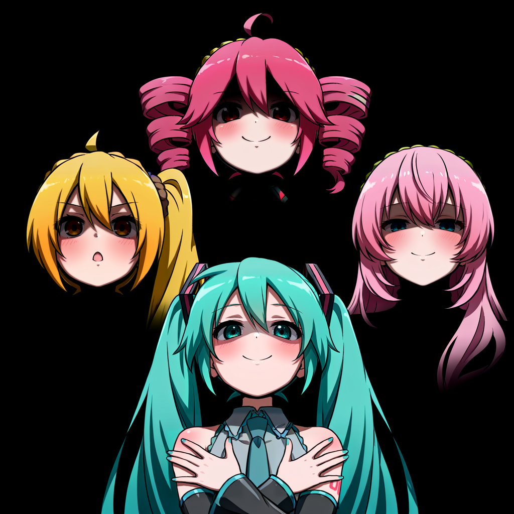 masterpiece, high quality, absurdres, 4girls, hatsune miku, kasane teto, akita neru, megurine luka, multiple girls, looking at viewer, blush, smile, open mouth, simple background, closed mouth, crossed arms, black background, shaded face, album cover,<lora:queen_band:1>