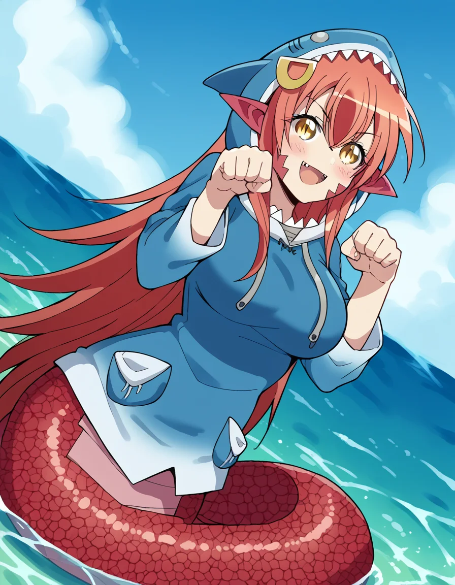 score_9, score_8_up, score_7_up, source_anime, <lora:lamia-miia-s1-ponyxl-lora-nochekaiser:1>, miia, miia (monster musume), long hair, large breasts, hair ornament, hair between eyes, very long hair, yellow eyes, red hair, pointy ears, hairclip, monster girl, slit pupils, scales, lamia,, <lora:gawr-gura-cosplay-ponyxl-lora-nochekaiser:1>, gawrguracosplay, gawr gura (cosplay), shark hood, shark costume, blue hoodie, shark tail, animal hood, fish tail,, outdoors, ocean, water, submerged, smile, blush, paw pose, open mouth, fangs, sharp teeth,, , dutch angle,