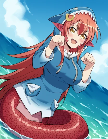 score_9, score_8_up, score_7_up, source_anime, <lora:lamia-miia-s1-ponyxl-lora-nochekaiser:1>, miia, miia (monster musume), long hair, large breasts, hair ornament, hair between eyes, very long hair, yellow eyes, red hair, pointy ears, hairclip, monster girl, slit pupils, scales, lamia,, <lora:gawr-gura-cosplay-ponyxl-lora-nochekaiser:1>, gawrguracosplay, gawr gura (cosplay), shark hood, shark costume, blue hoodie, shark tail, animal hood, fish tail,, outdoors, ocean, water, submerged, smile, blush, paw pose, open mouth, fangs, sharp teeth,, , dutch angle,