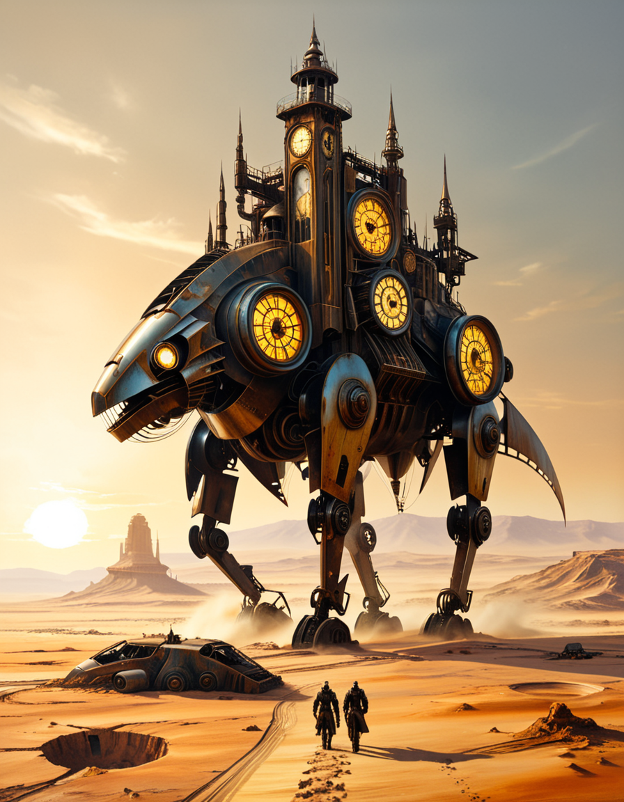 A surreal, post-apocalyptic painting in the style of JarosÅaw Jasnikowski, depicting the remnants of humanity fully transformed into biomechanical cyborgs wandering across an endless desert. The figures are tall and thin, with elongated limbs made of polished brass, steel cables, and exposed clockwork mechanisms. Their faces are partially human, partially machineâsome with glowing eyes, others with metal masks or glass domes revealing complex gears within. Each cyborg carries strange mechanical devices or wears baroque, steampunk-inspired armor. The desert landscape is vast and cracked, with rusted machine parts half-buried in the sand and fragments of broken technology scattered across the ground. In the distance, colossal, decaying machines lie abandonedâhalf-sunken cities, metallic towers bent by time, and airships grounded and torn apart. The sky is hazy and ochre-colored, with two suns casting long, warped shadows. The atmosphere is haunting and symbolic, evoking themes of lost humanity, time, and industrial decay. Rich textures, dark golden tones, and impossible architecture complete the surreal and philosophical ambiance typical of Jasnikowskiâs work.<lora:SDXLFaeTastic2400:0.4> <lora:extremely_detailed:0.4> extremely detailed, <lora:JarosÅaw_J4sn1k0wsk1_r1:1>,JarosÅaw J4sn1k0wsk1, Masterpiece,best quality,hi res,8k,hi res,8k,award winning,(sharp focus, intricate, highly detailed),