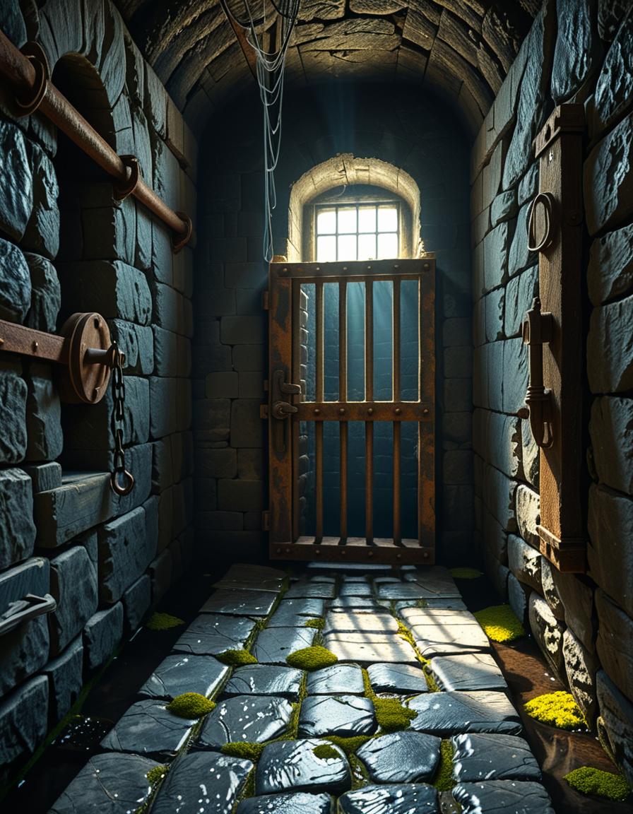 A highly detailed, hyper-realistic photograph of a dark medieval dungeon prison cell. The scene is dimly lit by a single flickering torch mounted on a damp stone wall, casting eerie shadows across the rough, moss-covered stones. Heavy, rusted iron bars form the cell door, slightly ajar, with visible corrosion and ancient padlocks. Inside the cell, there is a straw-covered floor, old wooden buckets, and a crude, splintered wooden bench against the back wall. Chains and manacles hang loosely from the walls, showing signs of long-term use. The atmosphere is cold, humid, and oppressive, with faint light rays piercing through tiny cracks in the stone ceiling. Cobwebs stretch across the corners of the cell, and faint water drips from above, creating small puddles. The overall mood is grim, desolate, and foreboding. Photorealistic style, with high dynamic range (HDR) lighting and extreme attention to textures like rust, moisture, and decay.
<lora:SDXLFaeTastic2400:0.4> <lora:extremely_detailed:0.4> extremely detailed,<lora:medieval_dungeon_pr1s0n_c3ll:1>,medieval dungeon pr1s0n c3ll, Masterpiece,best quality,hi res,8k,hi res,8k,award winning,(sharp focus, intricate, highly detailed),