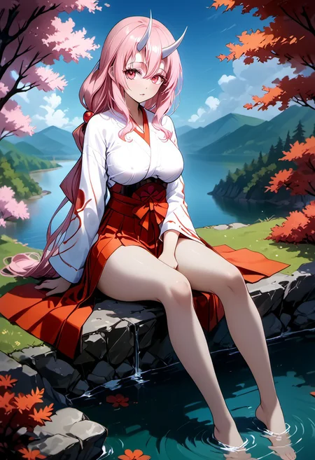 score_9, score_8_up, score_7_up, score_6_up, source_anime, source_ecchi, anime, masterpiece, Expressiveh, anime coloring, 1girl, perfect body, full body, perfect face, perfect eyes, detailed eyes, high definition eyes, beautiful eyes, perfect lipps, sexy, sexy girl, petite body, slim body, looking at viewer, posing, dynamic angle, cowboy shot, lust full of gaze, Shiny skin, covered nippels,
,pink hair, low-tied long hair, long hair, bangs, shiny hair, hair between eyes, white oni horns, pink eyes, parted lips, large breasts,
miko, red hakama
outdoor, trees, temple, river, sitting by the river ,sitting, feet in the river, feet in the water,
<lora:Shuna - Pony-000004:0.7>,<lora:Expressive_H-000001:0.8>, expressiveH, <lora:MythP0rtr4itStyle:1>, mythp0rt, <lora:Pony_DetailV1.0:-1.0>