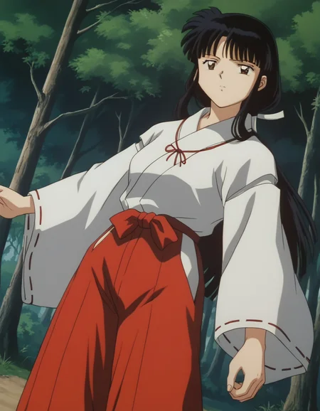 score_9, score_8_up, score_7_up, source_anime,
inuyashakikyou, <lora:inuyasha-kikyou-ponyxl-lora-nochekaiser:1>,
kikyou, long hair, black hair, brown eyes, sidelocks, himecut, retro artstyle,
skirt, long sleeves, japanese clothes, hakama, hakama skirt, miko, red hakama,
outdoors, forest, nature,
looking at viewer, cowboy shot, dutch angle, dynamic pose,