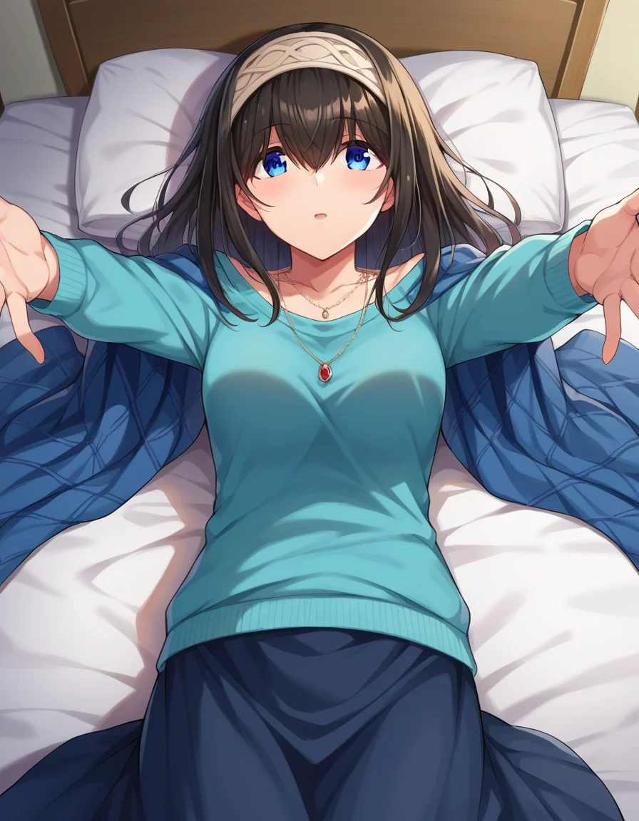 score_9, score_8_up, score_7_up, source_anime,
fumikasagisawa, <lora:fumika-sagisawa-ponyxl-lora-nochekaiser:1>,
fumika sagisawa, blue eyes, black hair, hairband, long hair, hair over eyes,
blue sweater, collarbone, jewelry, necklace, shawl, sweater, skirt,
indoors, bed, bed room, on back, arm support, arms up, incoming hug, pov, reaching, reaching towards viewer,
looking at viewer, dutch angle, cowboy shot,