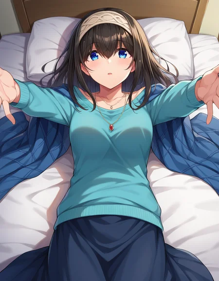 score_9, score_8_up, score_7_up, source_anime,
fumikasagisawa, <lora:fumika-sagisawa-ponyxl-lora-nochekaiser:1>,
fumika sagisawa, blue eyes, black hair, hairband, long hair, hair over eyes,
blue sweater, collarbone, jewelry, necklace, shawl, sweater, skirt,
indoors, bed, bed room, on back, arm support, arms up, incoming hug, pov, reaching, reaching towards viewer,
looking at viewer, dutch angle, cowboy shot,