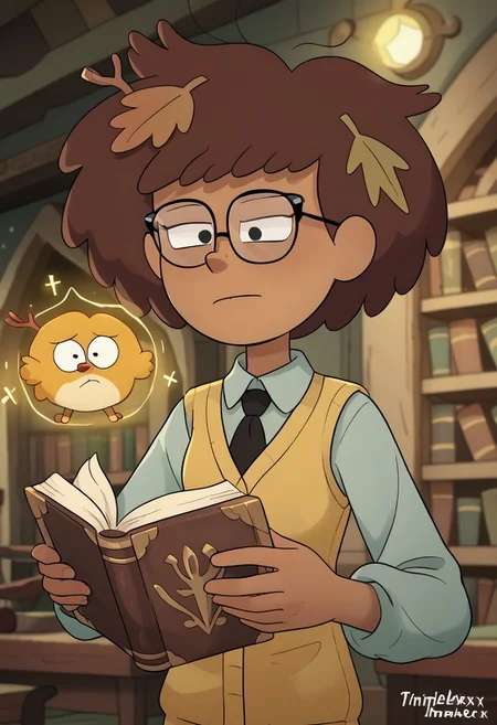 score_9, score_8, score_7, score_6,
triplevexx, solo, anneboonchuy, brown hair, dark-skinned female, leaf hair ornament, short hair
Character Description: A young woman with glasses and a curious expression, surrounded by books.
Outfit: A vintage dress with lace details and a cardigan, carrying a stack of ancient tomes.
Action: She is reading an open book, with glowing symbols floating around her.
Background: A grand library filled with towering shelves and magical artifacts.
Composition Details: Soft, warm lighting creates an inviting atmosphere, with a medium shot to capture her expression and the floating symbols.