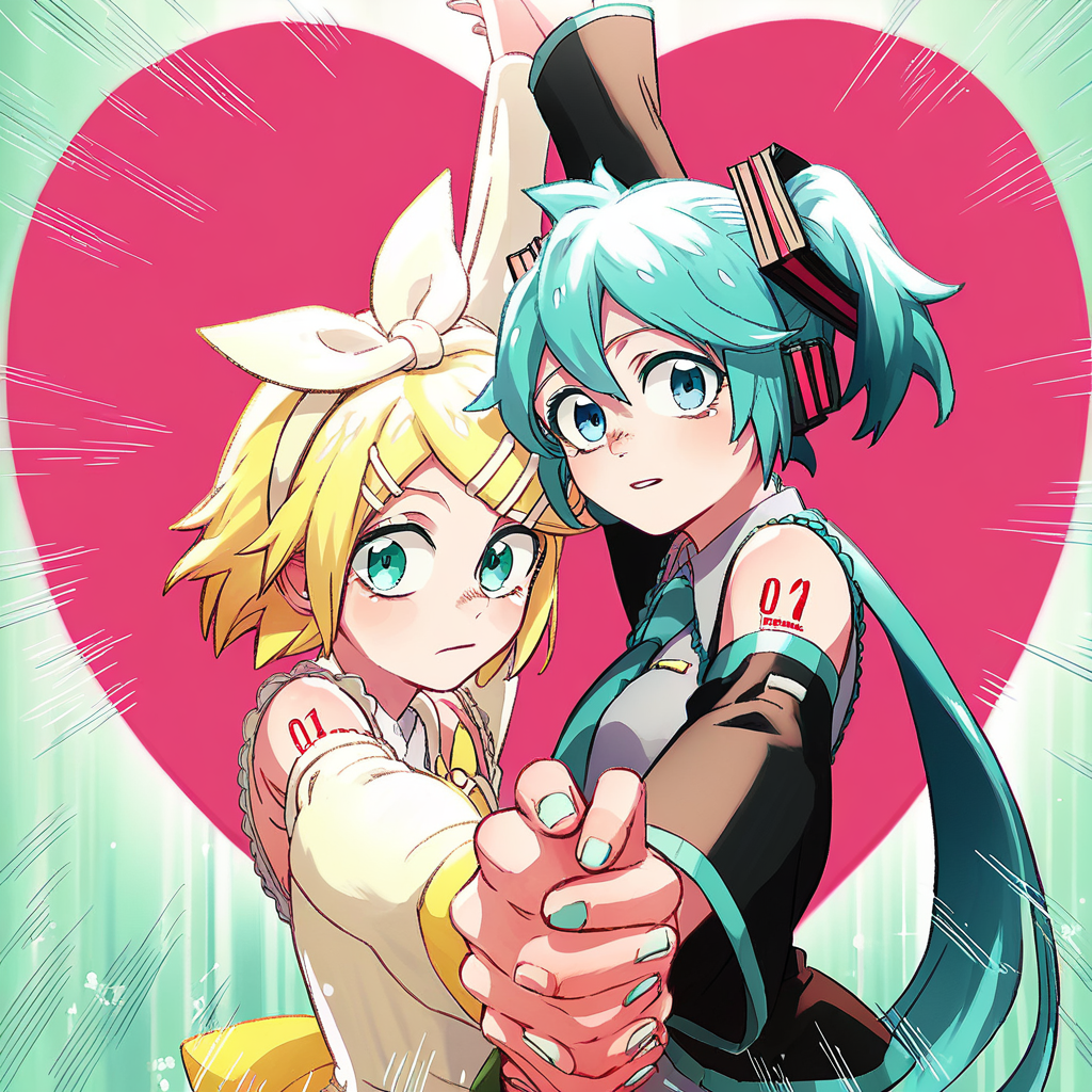 score_8, score_8_up, score_7_up, official art, 2girls, yuri, Hatsune Miku, kagamine rin, SLLT, holding hands, interlocked fingers, arm up, looking at viewer, heart (symbol), emphasis lines, upper body