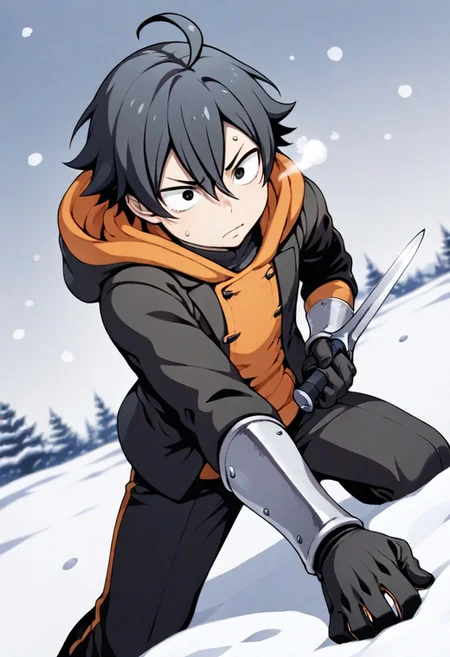 masterpiece,best quality,amazing quality, Hikigaya Hachiman //(Oregairu//) 1boy, male focus, solo, hood, black jacket, gloves, steel dagger, holding weapon, black eyes, vambraces, snow, depth of field, dynamic pose, dynamic angle, dutch angle