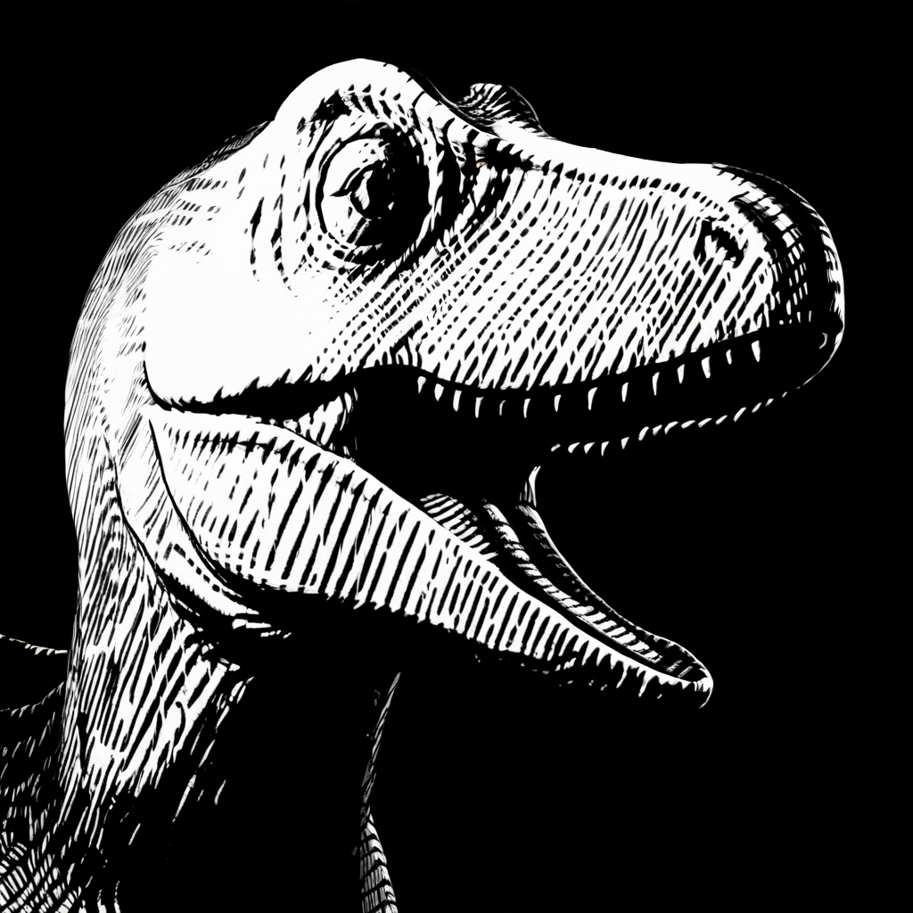 1830,black and white, black background, acid holes, medium close-up, anthropomorphic dinosaur, uncropped, strong contrast, <lora:CrossHatchXL:1>, black and white inked drawing,