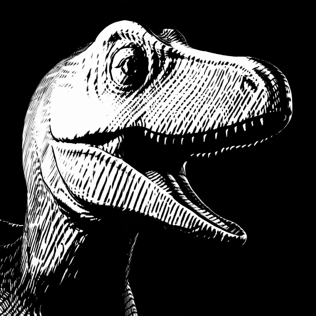 1830,black and white, black background, acid holes, medium close-up, anthropomorphic dinosaur, uncropped, strong contrast, <lora:CrossHatchXL:1>, black and white inked drawing,